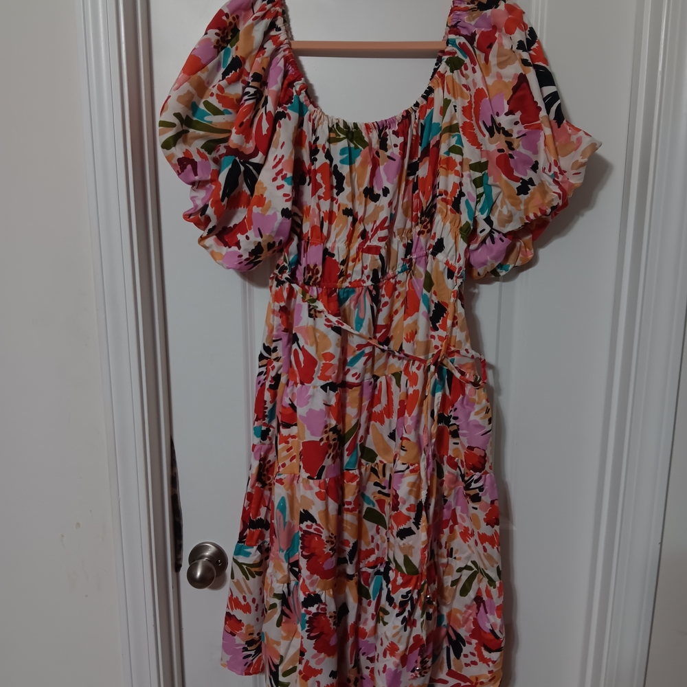 Floral Midi Dress with Puff Sleeves
